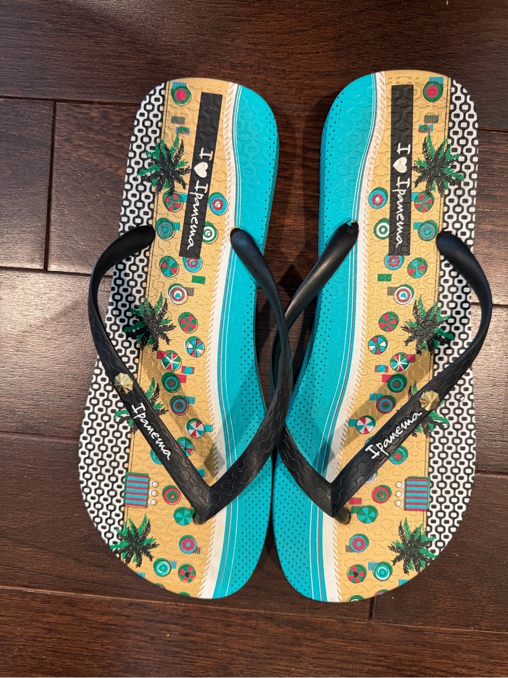 Ipanema Beach Print Flip Flops - Turquoise, Gold & Black